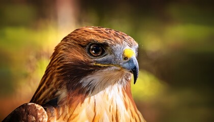 Naklejka premium intense gaze of a red tailed hawk forest clearing wildlife photography natural habitat close up perspective avian majesty
