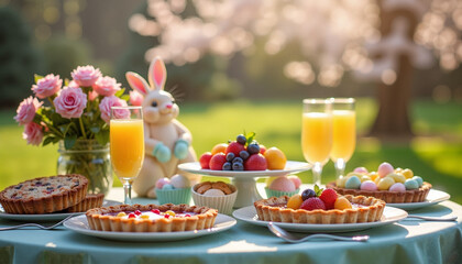 a festive Easter brunch buffet outdoors in a garden, featuring freshly baked goods, fruit tarts, mimosa drinks, and pastel decorations