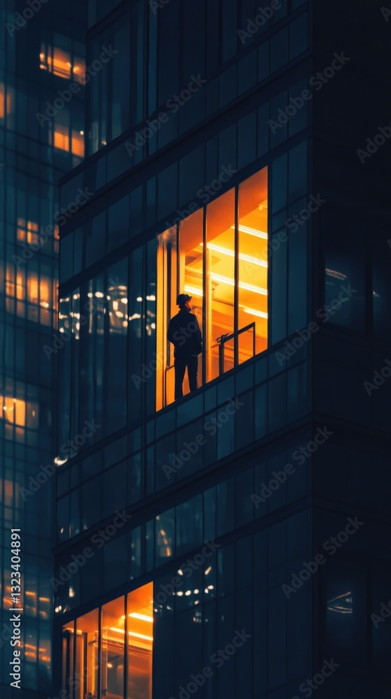 Poster a person standing at the window of a high-rise building