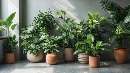 Lush green indoor plants in various terracotta and ceramic pots arranged stylishly against a soft grey wall showcasing natural elegance and tranquility