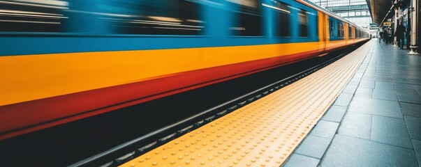 Obraz premium Blurred motion of a train arriving at a station platform, showcasing vibrant yellow, orange, red, and blue train cars. The platform features a textured yellow surface.
