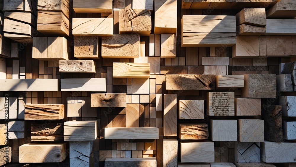 Poster mosaic of assorted wooden blocks in varying sizes against a dark background, illuminated by sunlight