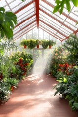 Sunlight Streaming Through a Lush Greenhouse with Vibrant Plants