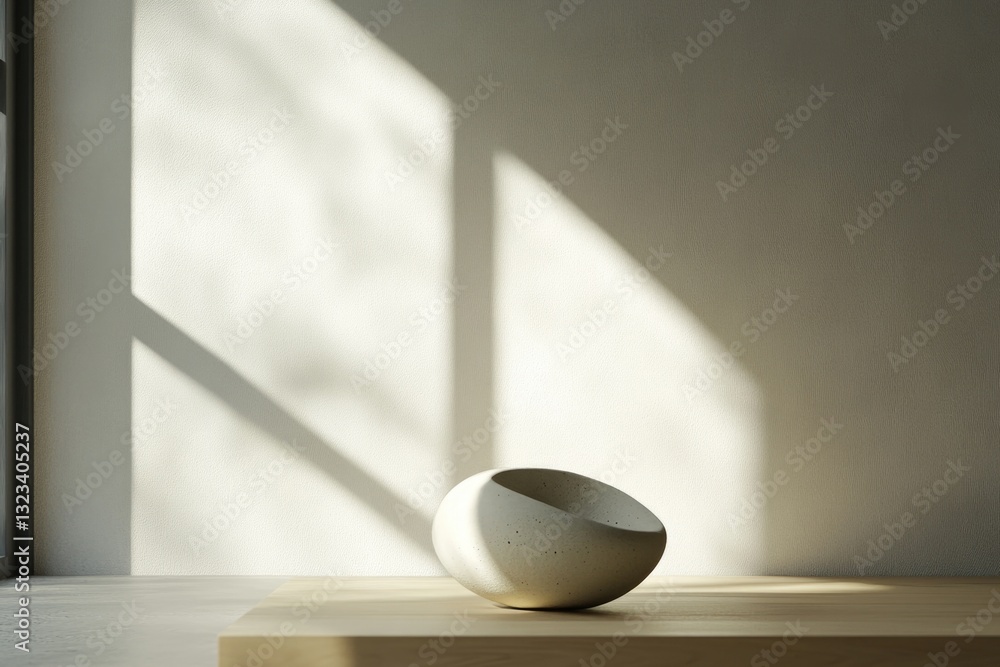 Poster A simple and minimalist setup with a white bowl resting on a wooden table, suitable for use in still life photography or as a background element