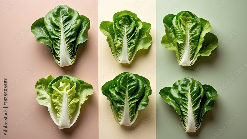 Aufkleber lush oak leaf lettuce arranged in two rows against a soft pastel gradient background featuring beige