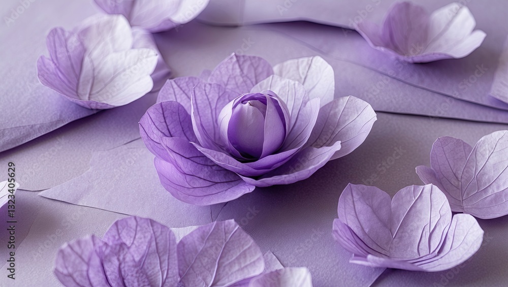 Poster light purple hanji flowers arranged artistically on textured soft purple background with ample copys
