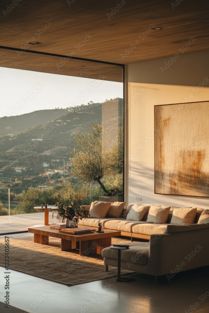 Poster a warm and inviting living room with various pieces of furniture and a large window that lets in ple