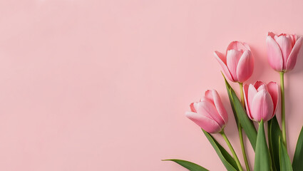 Fototapeta premium beautiful tulips flowers on pink background with copy space. spring, easter, birthday, happy women's day, mother's day, valentine's day concept