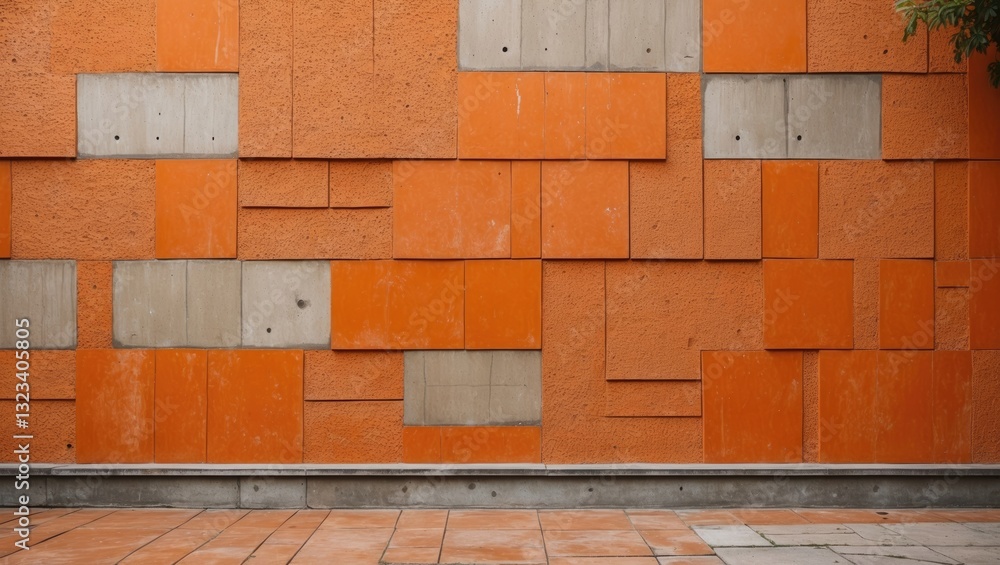 Poster abstract orange and gray wall texture with varied rectangular shapes and patterns, featuring vibrant