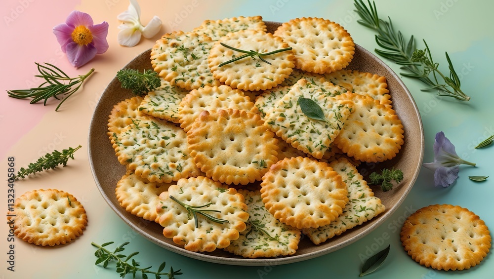 Poster herb-flavored crackers arranged in a circular bowl on a pastel gradient background with green and ye