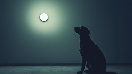 A dog sitting in front of a full moon, great for use in astronomy or nature-themed designs