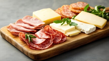 Assorted Cold Cuts and Cheeses on Wooden Cutting Board Display
