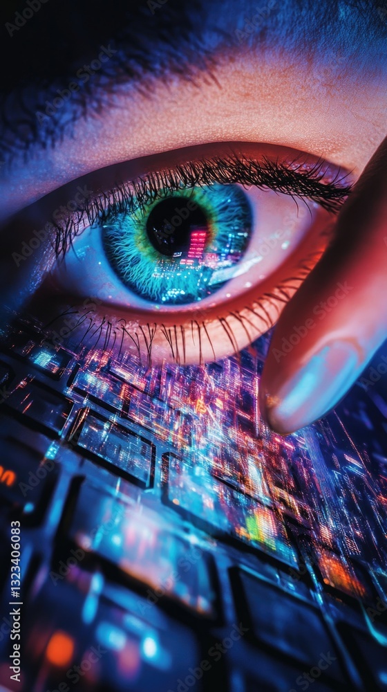Poster a close-up view of an eye looking at a computer keyboard, great for illustrations about focus or tec