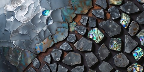 Abstract background of cracked metallic pieces and iridescent gemstones in dark neutral tones