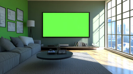 Fototapeta premium Modern living room with large TV green screen