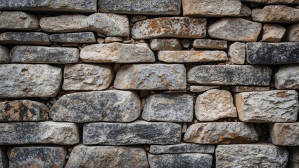 Obraz premium Weathered grey stone wall texture with various tones of beige and brown, featuring irregularly shaped stones stacked horizontally for a rustic look.