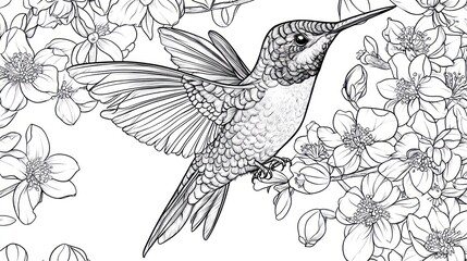 Hummingbird in flight, cherry blossoms, spring, nature, coloring page