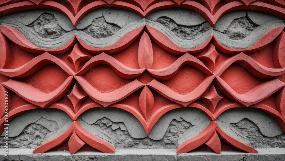 Poster decorative red and gray pattern on carved laterite stone wall showcasing modern design with wavy sha