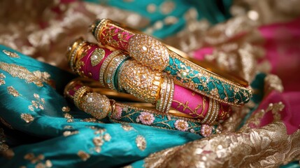 Elegant Traditional Bangles on Colorful Fabric Background