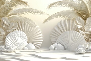 White and beige 3D rendered seashell and palm leaf background. Soft lighting creates a calming, minimalist aesthetic. Ideal for product display or branding.