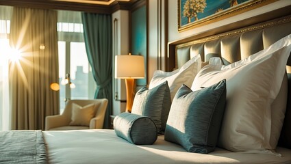 Obraz premium Elegant luxury bedroom with plush pillows in soft turquoise tones, illuminated by warm sunlight streaming through large windows.