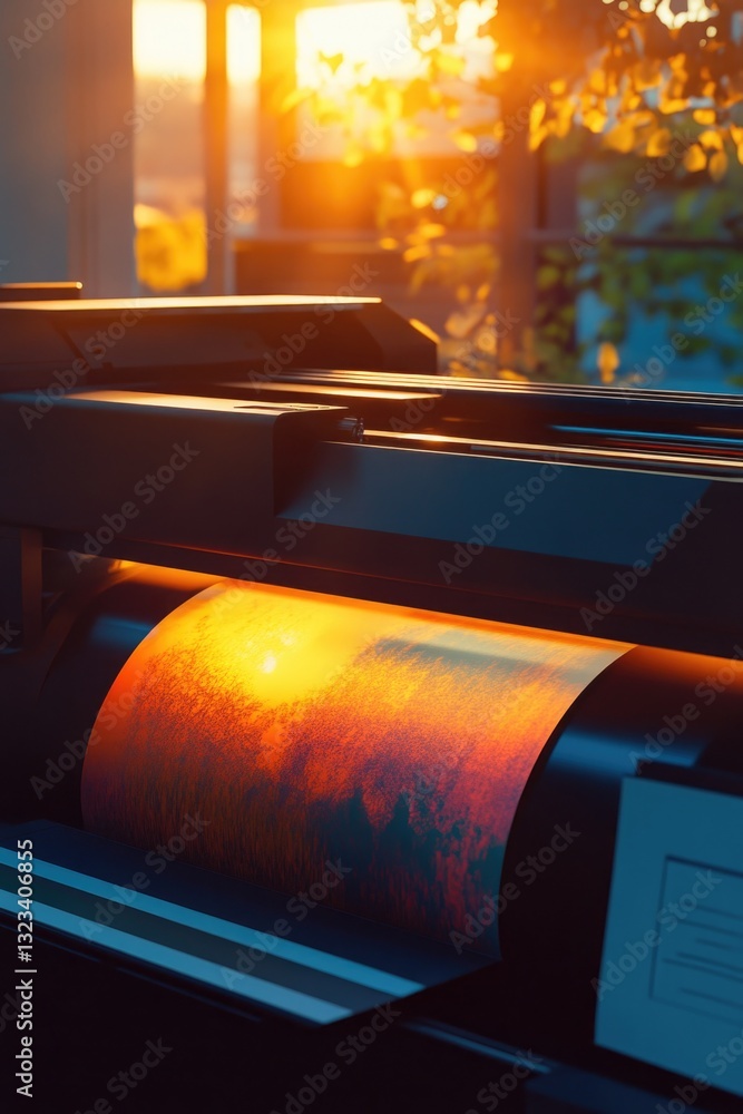 Poster a large print machine sits in front of a beautiful sunset