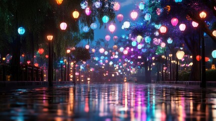 Fototapeta premium Vibrant Night Scene with Colorful Lanterns Reflecting on Wet Pavement