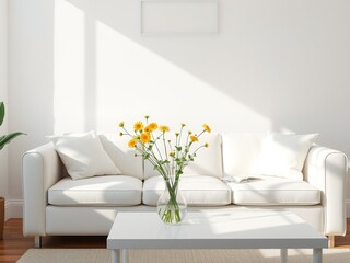 Cozy Living Room with White Sofa and Floral Arrangement