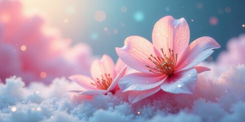 Delicate Pink Blossoms Resting on a Soft Blanket of Sparkling Snow in a Dreamy, Whimsical Setting