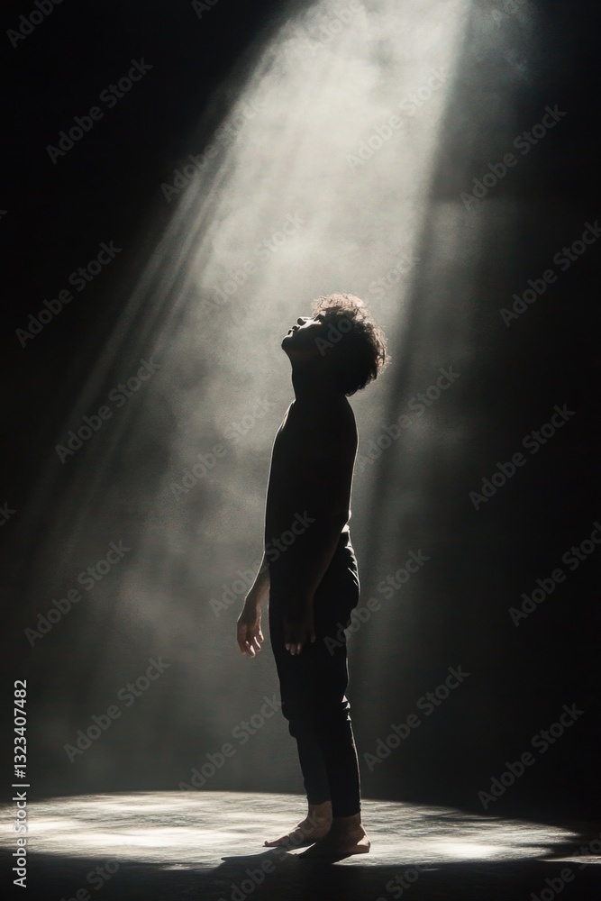 Poster a person stands in a dimly lit room, illuminated by a light source from behind