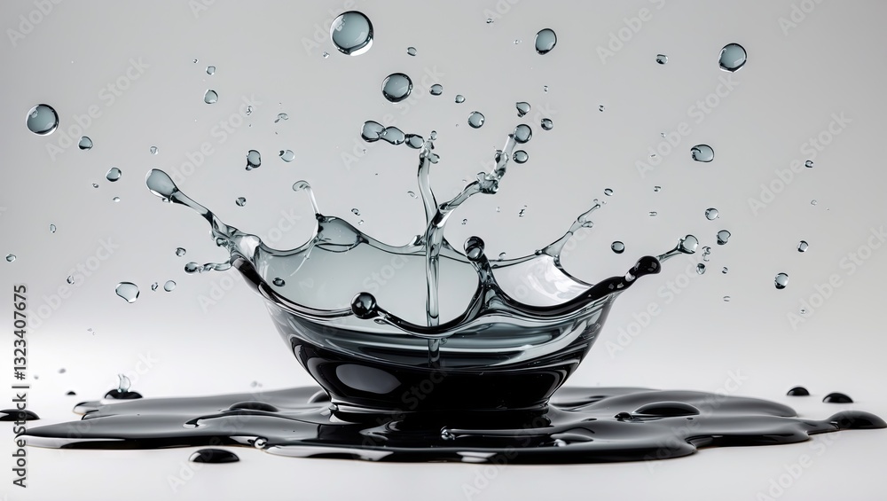 Poster spherical splash of dark liquid with water droplets on a white background; circular motion with blac