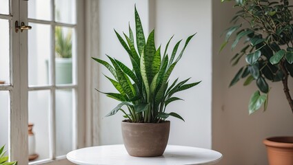 Sansevieria plant in a light brown pot on a round white table with soft natural light and greenery in a bright room setting