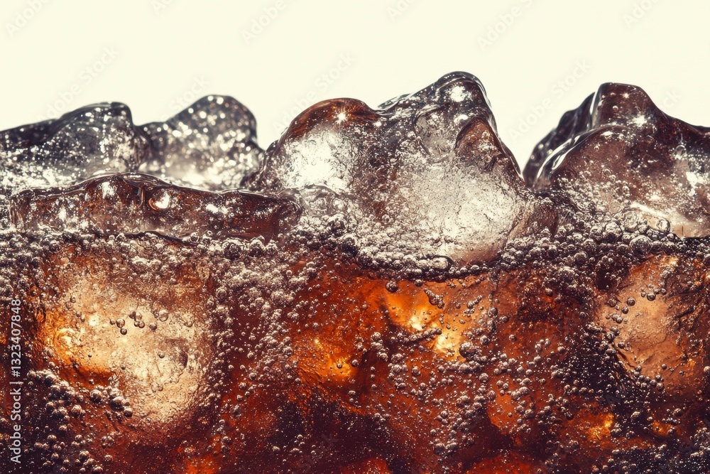 Poster close up view of ice cubes in a dark brown carbonated beverage. bubbles rise through the liquid, cre