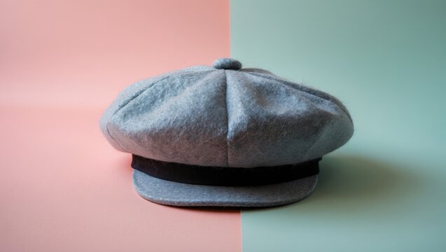 Gray round felt cap with a black band centered on a pastel split background of pink and green, creating a stylish and modern aesthetic.