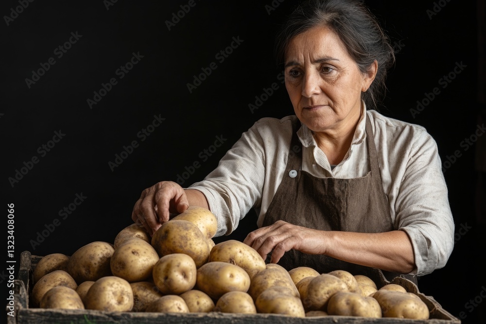 Poster A woman stands next to a crate of potatoes in a rustic setting