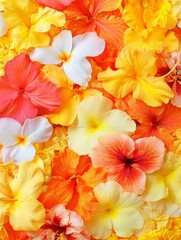 Fototapeta premium Vibrant close up of various flowers in yellow, orange, and red hues. Petals create a colorful, textured background.