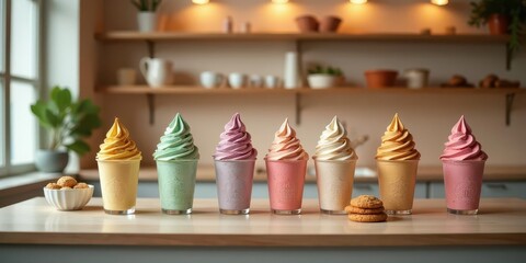 A Delightful Row of Pastel-Colored Frozen Desserts in Elegant Cups on a Kitchen Countertop