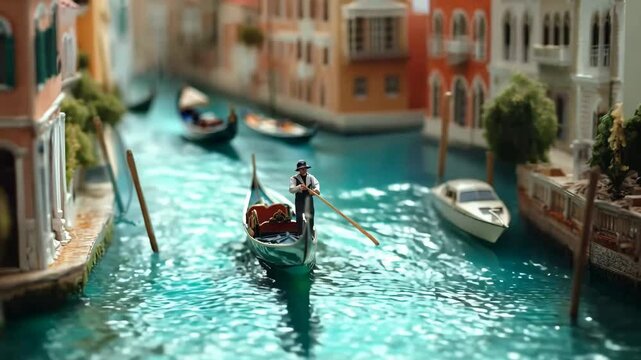 A detailed close-up of a miniature gondola with a figure of a gondolier, floating along a canal surrounded by quaint Venetian buildings, illuminated by soft lights, capturing the charm of Venice