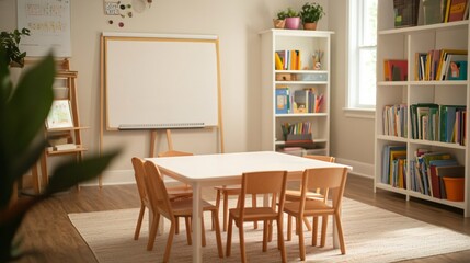 Fototapeta premium Bright meeting space with wooden table, cozy chairs, large whiteboard, bookshelves filled with books, ideal for collaboration.