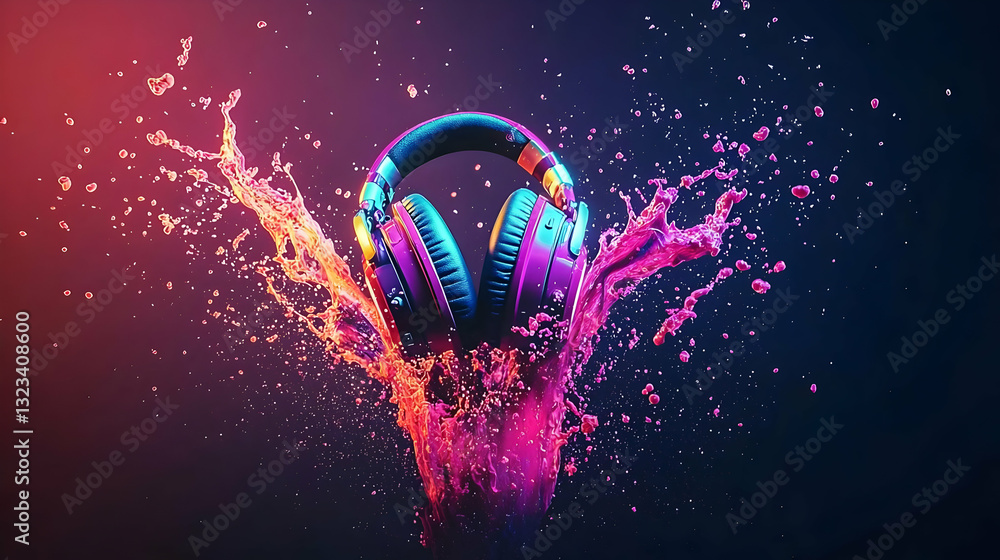 Poster digital pixelated headphone surrounded by dynamic colorful water splash on a dark background with ar