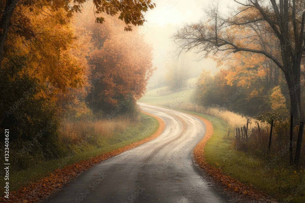 Poster a country road shrouded in fog, surrounded by trees