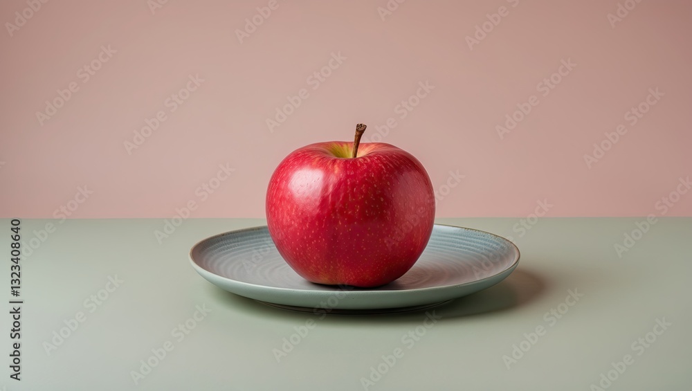Poster ripe red apple centered on a light blue plate with a smooth pastel pink background creating a harmon