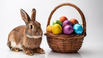 easter brown bunny with basket of easter colorful eggs on white background copy space