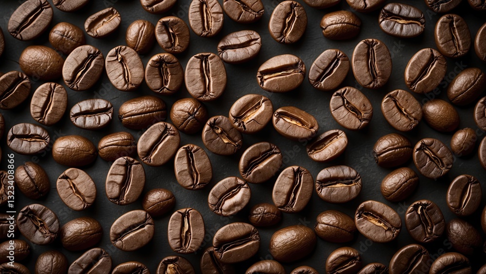 Poster rich brown roasted coffee beans scattered across a dark textured surface in an overhead view, creati