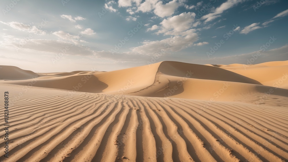 Poster golden sand dunes under a bright blue sky with soft clouds creating a serene atmosphere; ample copys