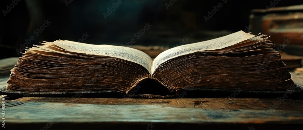 Poster a open book sits on a wooden table, ready for reading