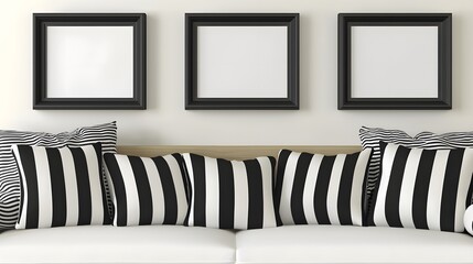 Modern Minimalist Living Room with Black and White Geometric Pillows and Empty Frames on Wall