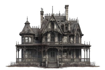 A hauntingly beautiful, Victorian-style house with intricate architecture and an eerie, neglected aura, showcasing its age and charm.
