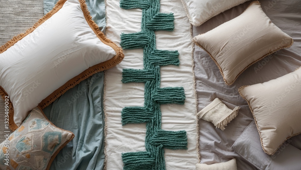 Aufkleber decorative pillows arranged artistically on a soft grey background featuring a textured green and wh
