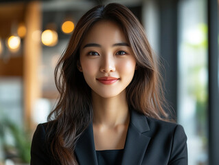 Obraz premium Confident businesswoman smiling in modern office setting